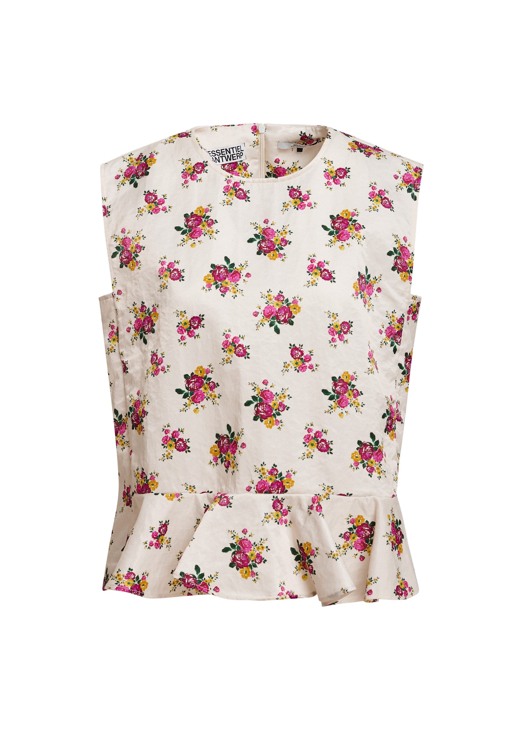 Essentiel Antwerp Off-white and multicolor sleeveless floral ruffle-detail top Off-white and multicolor sleeveless floral ruffle-detail top
