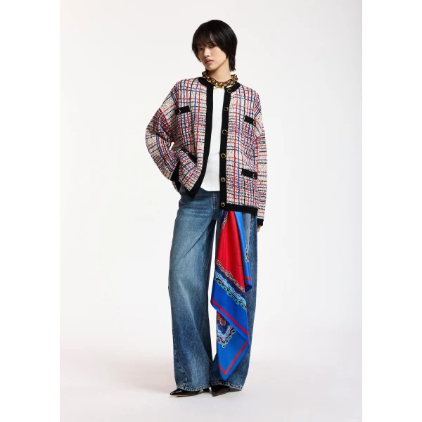 blue and red checked knit cardigan with black contrasting trims