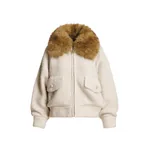 Off-white bouclé bomber with light brown removable faux fur collar