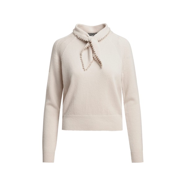 Off-white wool-cashmere sweater with pearl-embellished bow collar