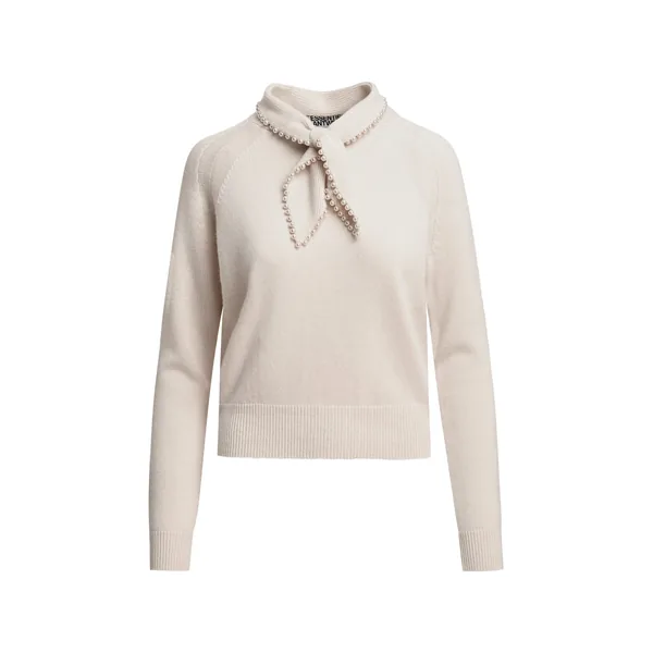 Off-white wool-cashmere sweater with pearl-embellished bow collar