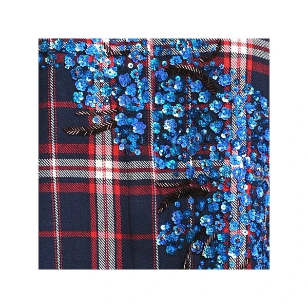 navy and blue checked sequin-embellished oversized shirt