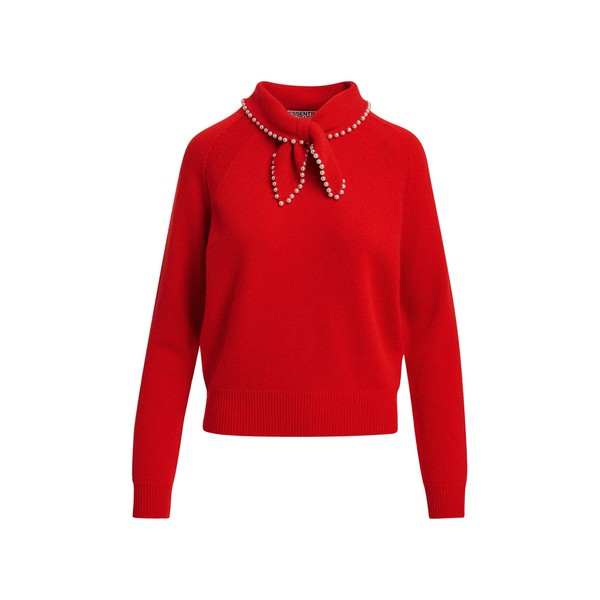 Red wool-cashmere sweater with pearl-embellished bow collar