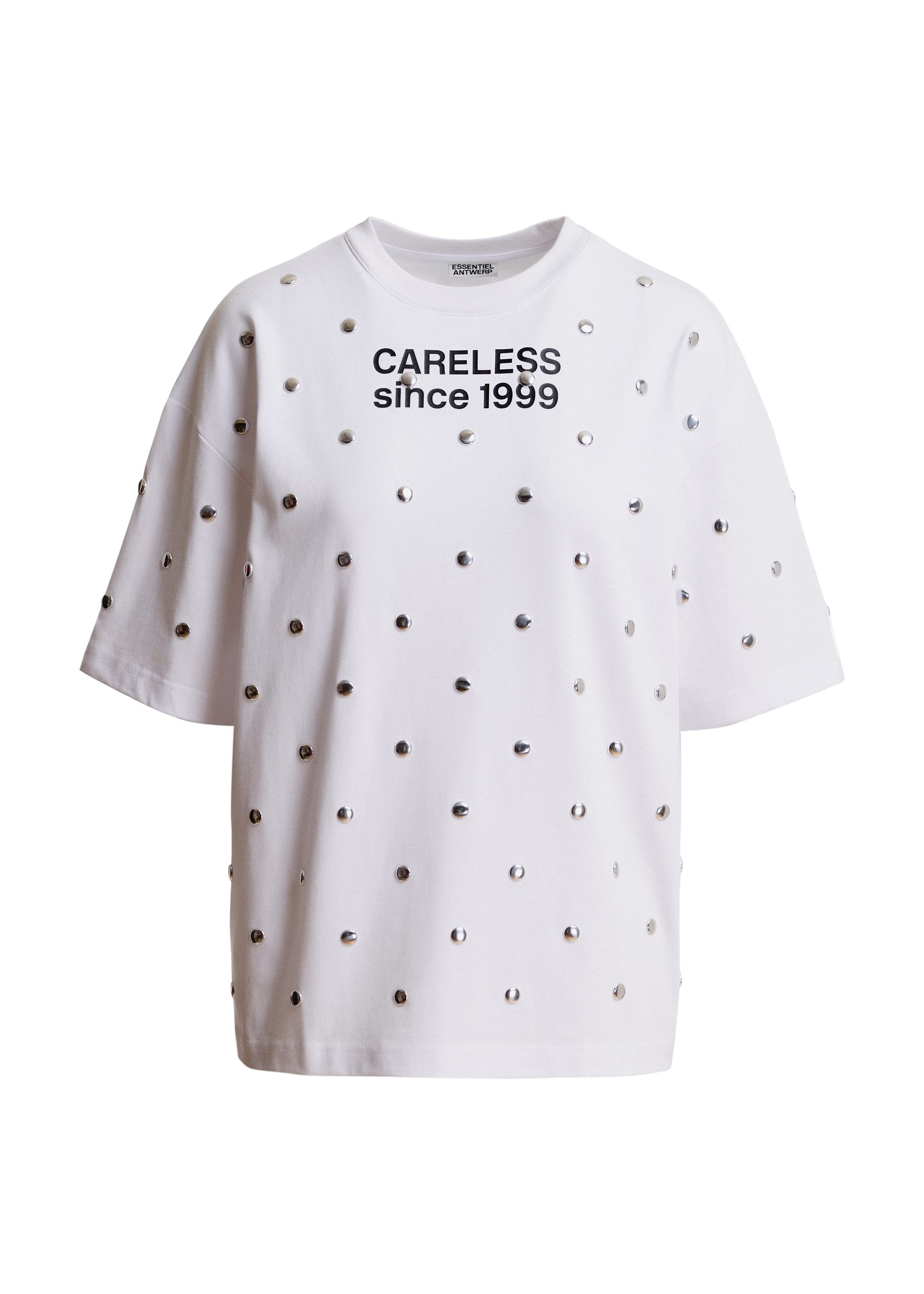 Essentiel Antwerp White and black slogan-print cotton T-shirt with stud embellishments White and black slogan-print cotton T-shirt with stud embellishments