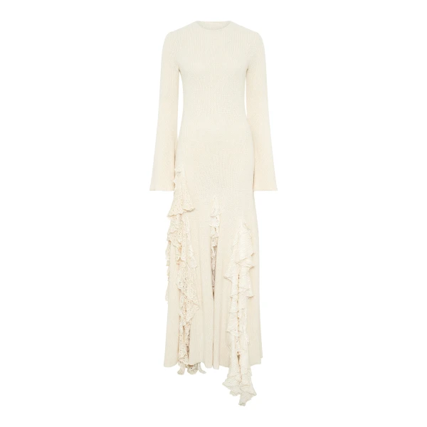 Bloomsbury Knit Dress in Ivory Silk with Custom Ruffles
