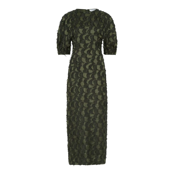 Coretta Dress in Deep Olive Silk Wool Fil Coupé