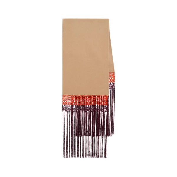Egret Fringe Scarf in Camel Double-face Recycled Cashmere with Silk Macrame