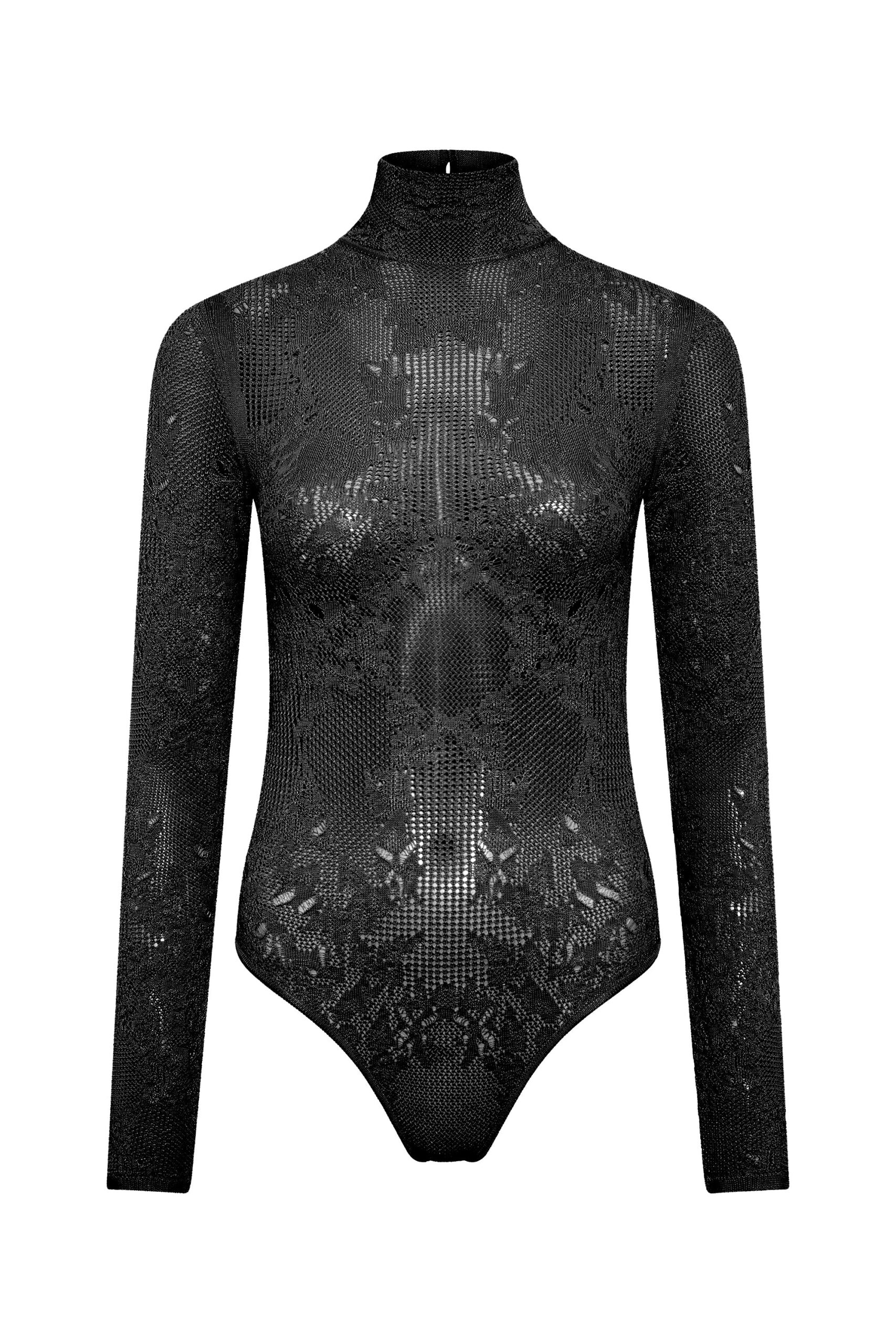 Gabriela Hearst Feal Pointelle Knit Lace Bodysuit in Black Silk Merino Wool gabriela hearst knit