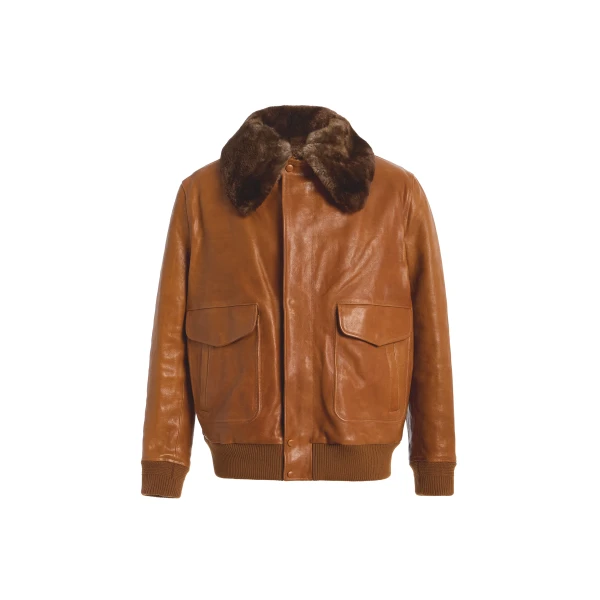 Grant Bomber Jacket in Cognac Vachetta Leather with Recycled Beaver Fur Collar