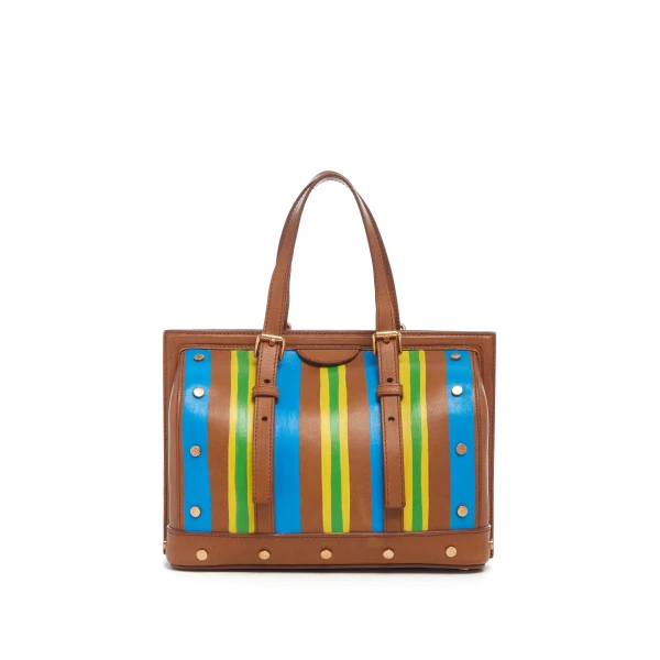 Hand Painted Dottor G Bag in Cognac, Blue & Yellow Leather
