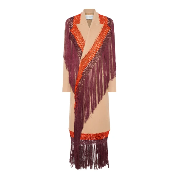 Mcaffrey Fringe Coat in Camel Double-face Recycled Cashmere with Silk Macrame