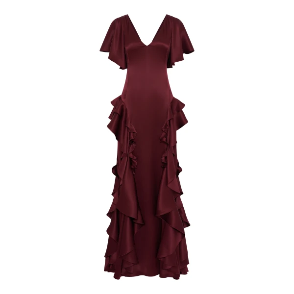 Spiral Ruffles Dress in Bordeaux Silk Satin