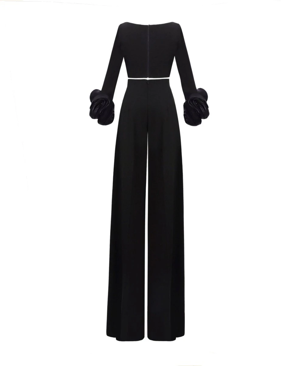 Gemy Maalouf Crepe Set With Floral Cuffs Gemy Maalouf Crepe Set With Floral Cuffs