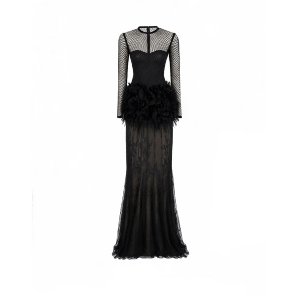 Gemy Maalouf Feathered Hip Lace Dress