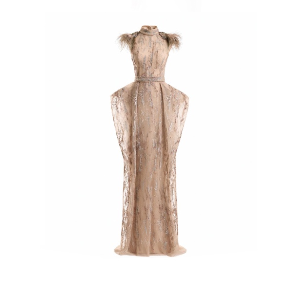 Gemy Maalouf Feathered Shoulder Hip-Panel Dress