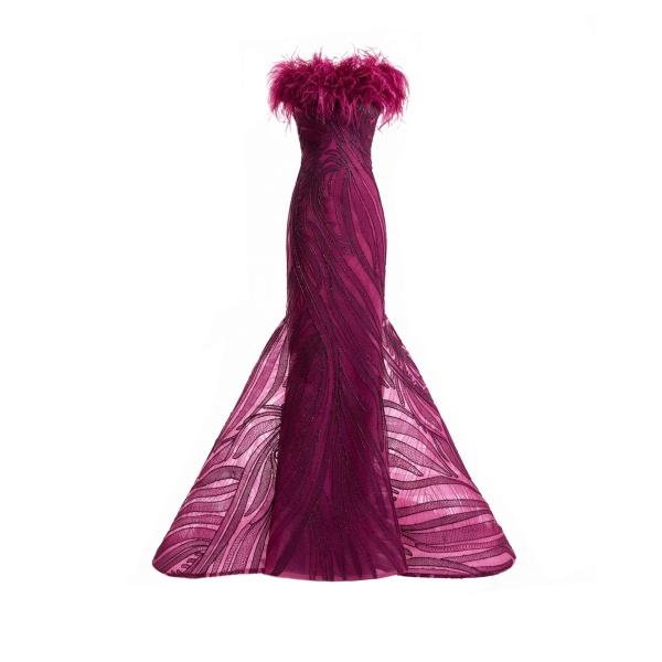 Gemy Maalouf Off-Shoulder Feathered Mermaid Dress