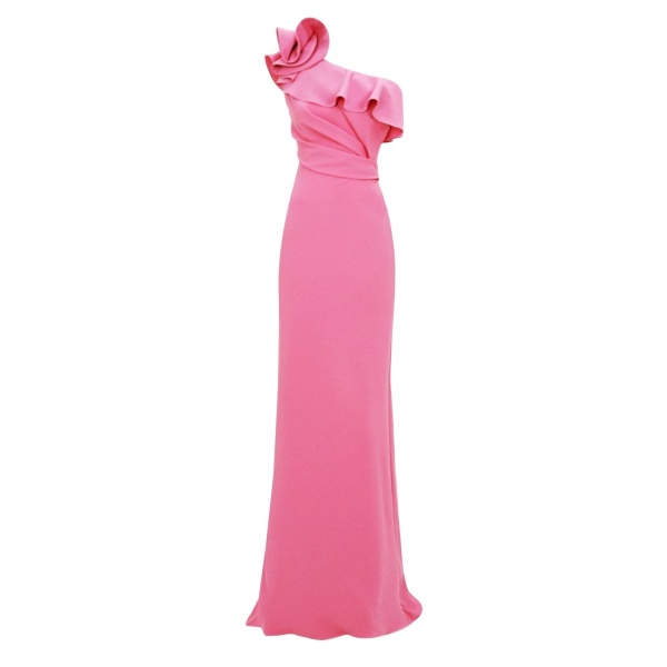 Gemy Maalouf One-Shoulder Ruffled Neckline Candy Pink Dress