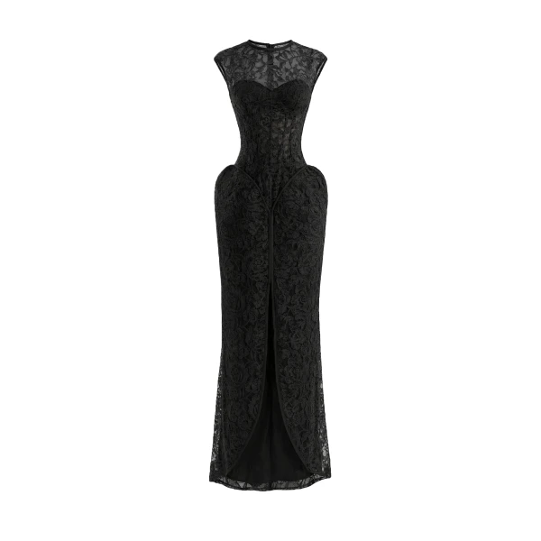 Gemy Maalouf Sculpted Lace Dress with Sheer Bodice