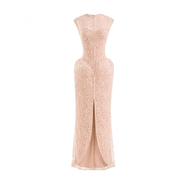 Gemy Maalouf Sculpted Lace Dress with Sheer Bodice