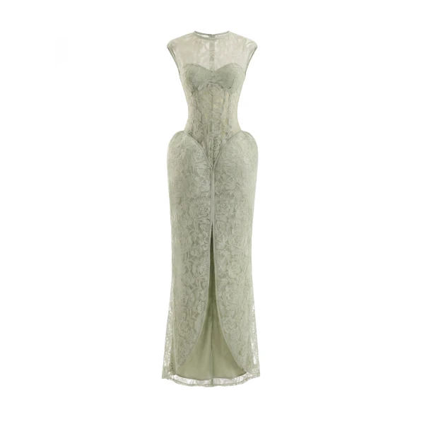 Gemy Maalouf Sculpted Lace Dress with Sheer Bodice