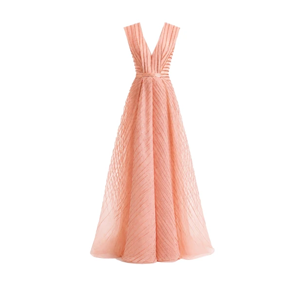 Gemy Maalouf V-Neck Devoré Striped Organza Dress