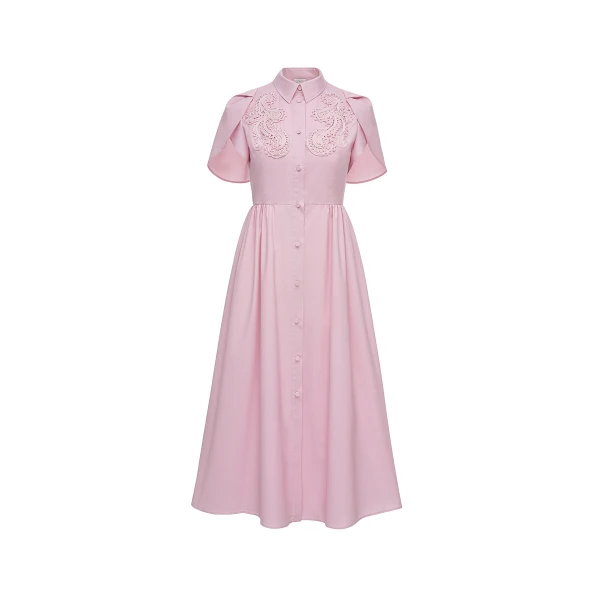 Dries Van Noten Francesca Midi Dress in Pink Embroidered Cotton