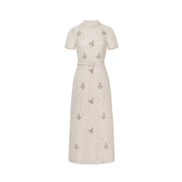 Genevieve Midi Dress in White Tweed