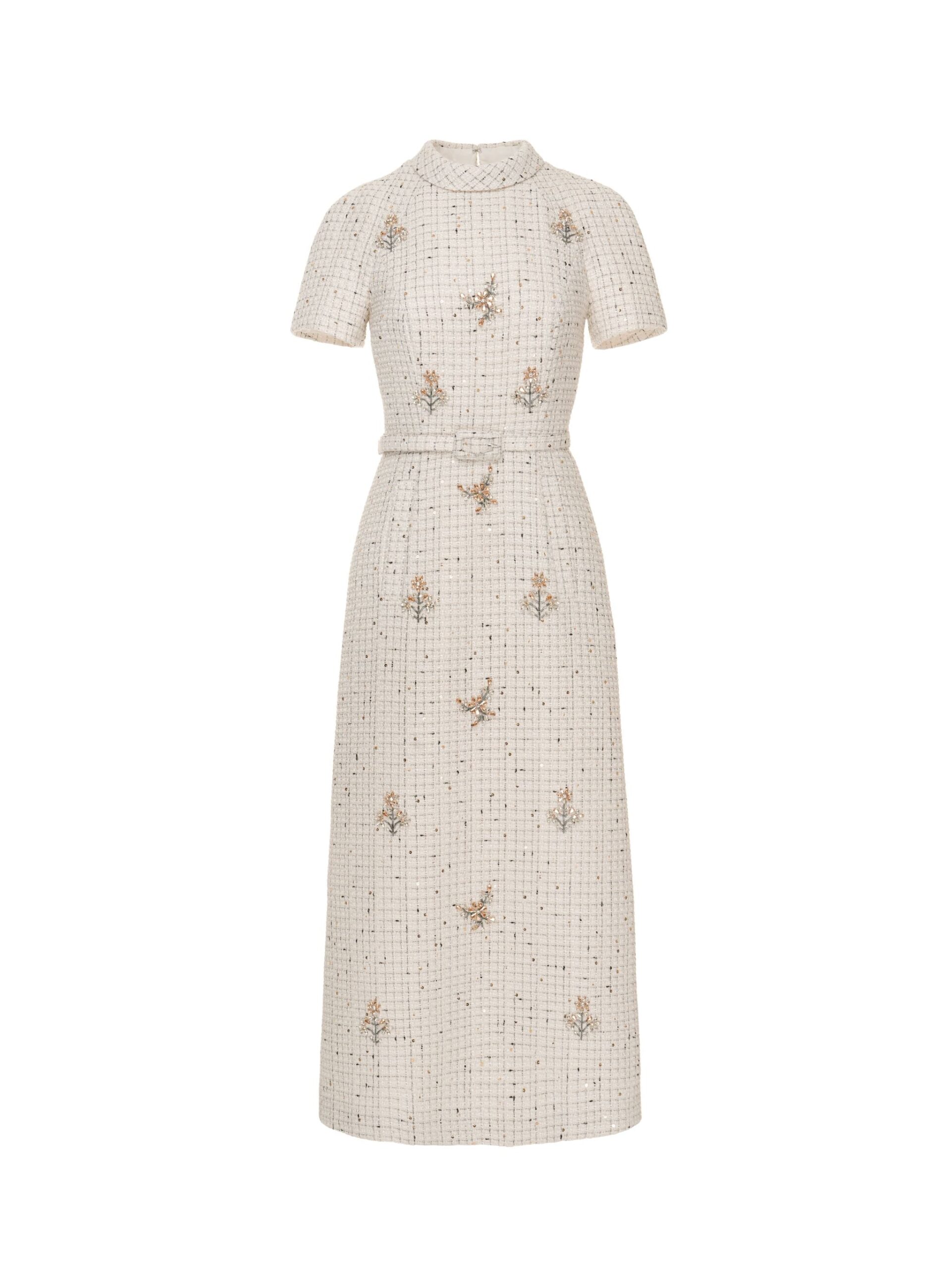 Dries Van Noten Genevieve Midi Dress in White Tweed | Midi Dresses | Luxury Shoes Dries Van Noten Genevieve Midi Dress in White Tweed