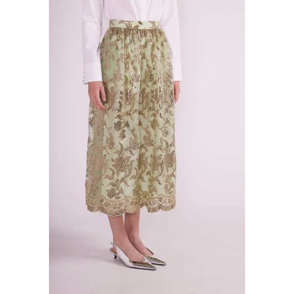 Lana Midi Skirt in Green Gold Embellished Organza - Image 6