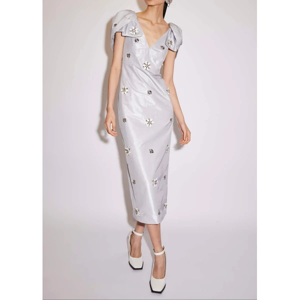 Rosella Dress in Pale Blue Metallic Embellished Taffeta - Image 2