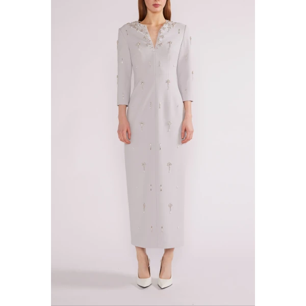Skye Midi Dress in Grey Crepe - Image 2
