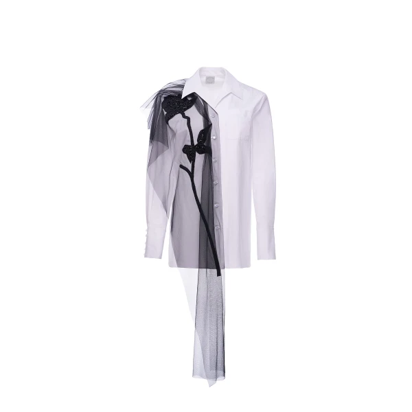 Thelma Shirt in White Cotton Embroidered Tulle