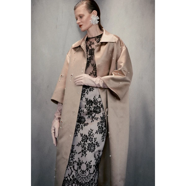 Vania Midi Skirt in Black Pale Pink Lace Duchesse - Image 2