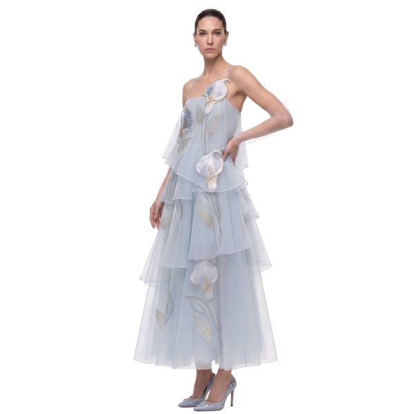 JW PEI 3D Embroidered Calla Lily Tiered Tulle Dress