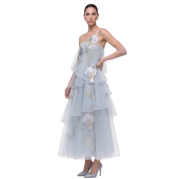 JW PEI 3D Embroidered Calla Lily Tiered Tulle Dress