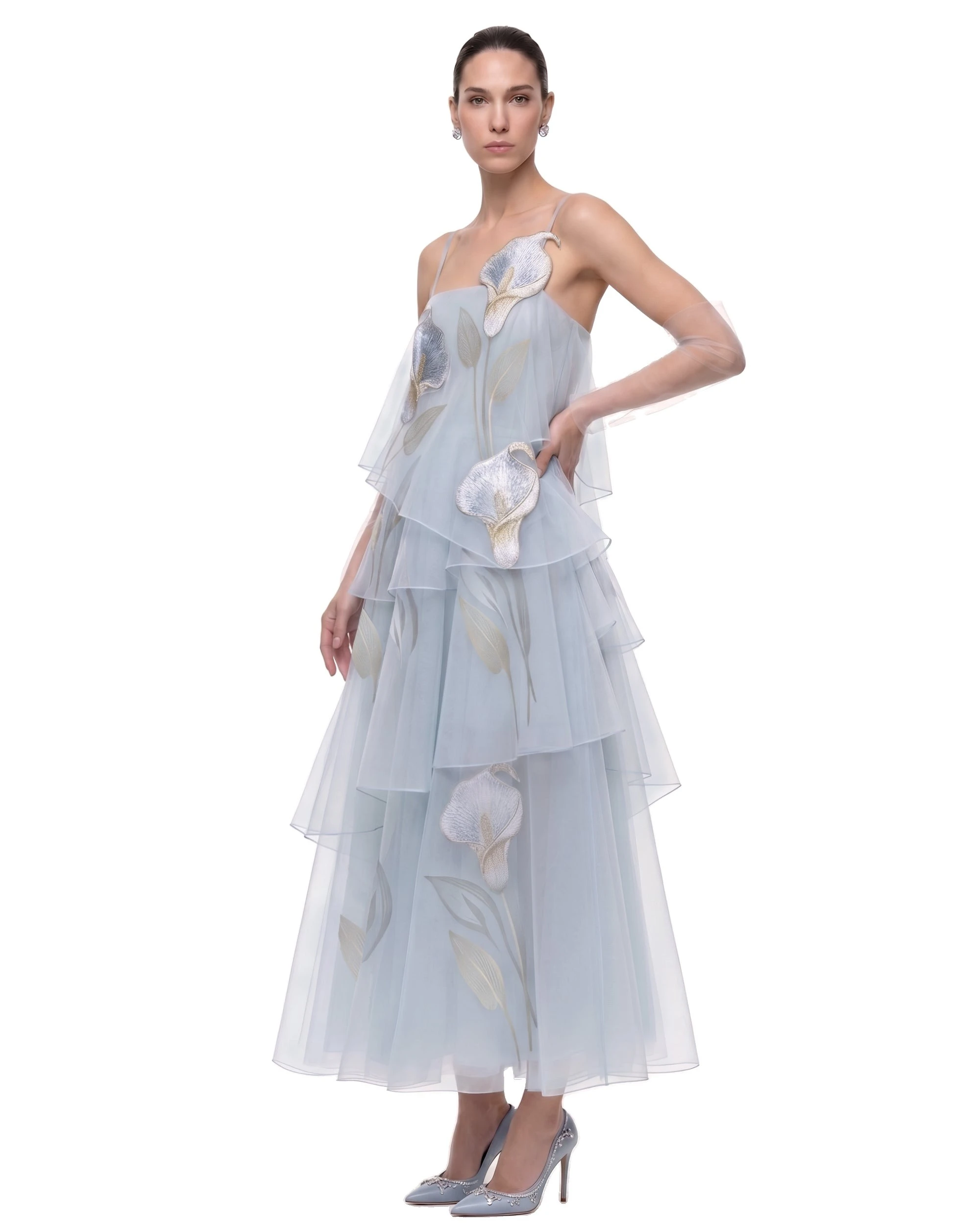 JW PEI dress | Los Angeles Vegan Fashion Dresses | Luxury Shoes JW PEI 3D Embroidered Calla Lily Tiered Tulle Dress