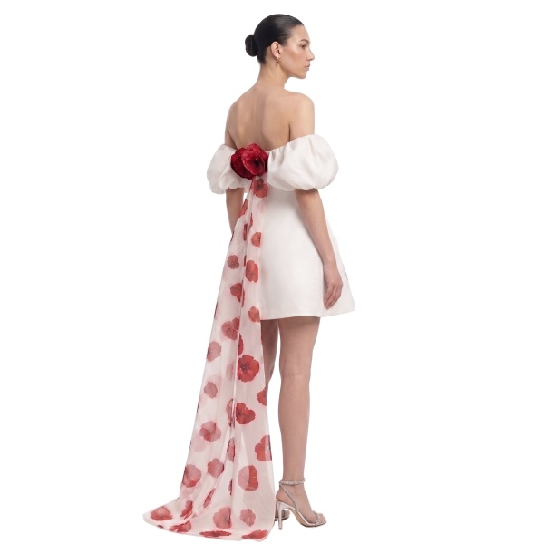 JW PEI 3D Floral Corn Poppy Puff-Sleeve Mini Dress with Train