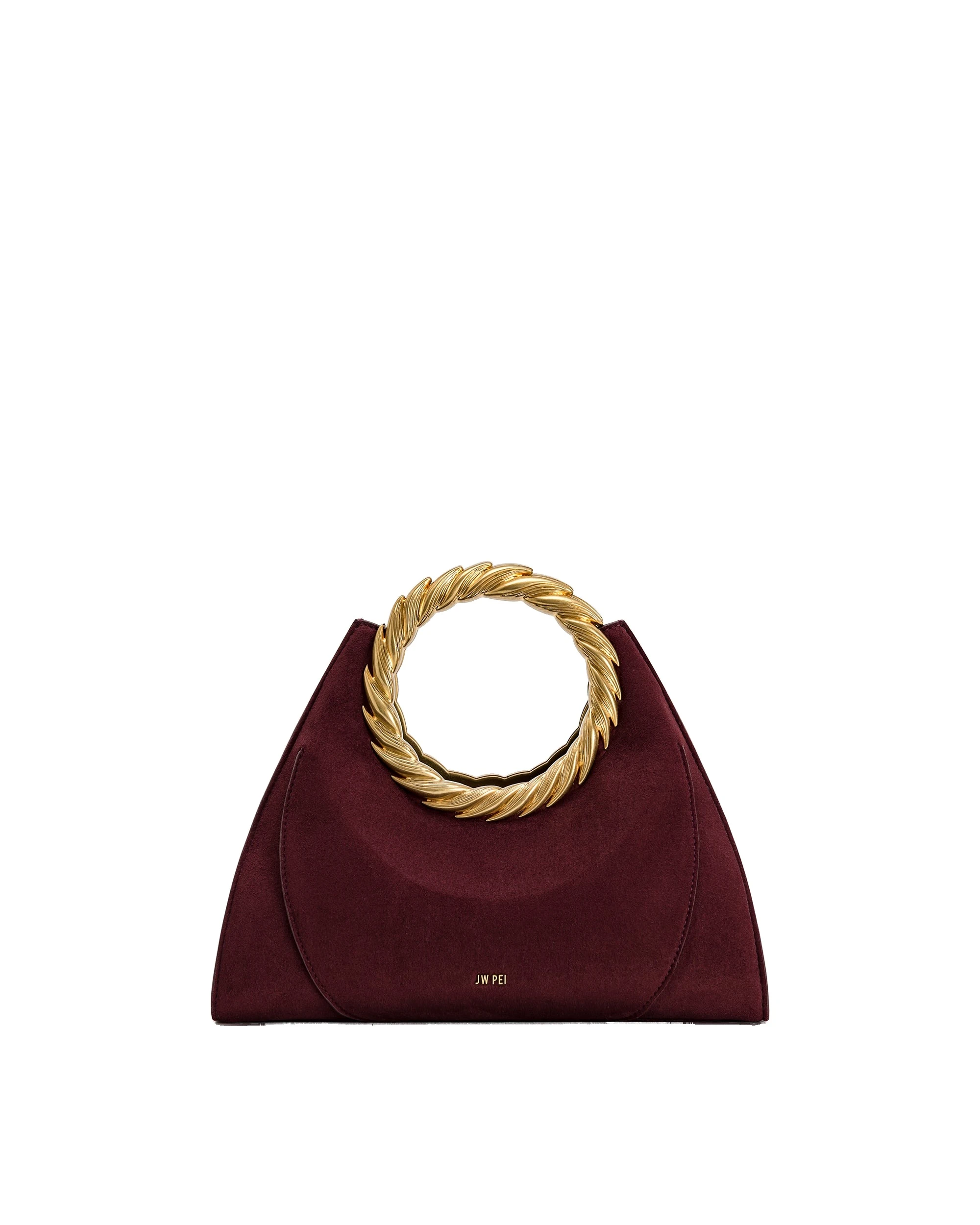 JW PEI Amiya Leaf Handle Faux Suede Sculpture Bag in Merlot Red | Shoulder & Crossbody Bags | Luxury Shoes JW PEI Amiya Leaf Handle Faux Suede Sculpture Bag in Merlot Red