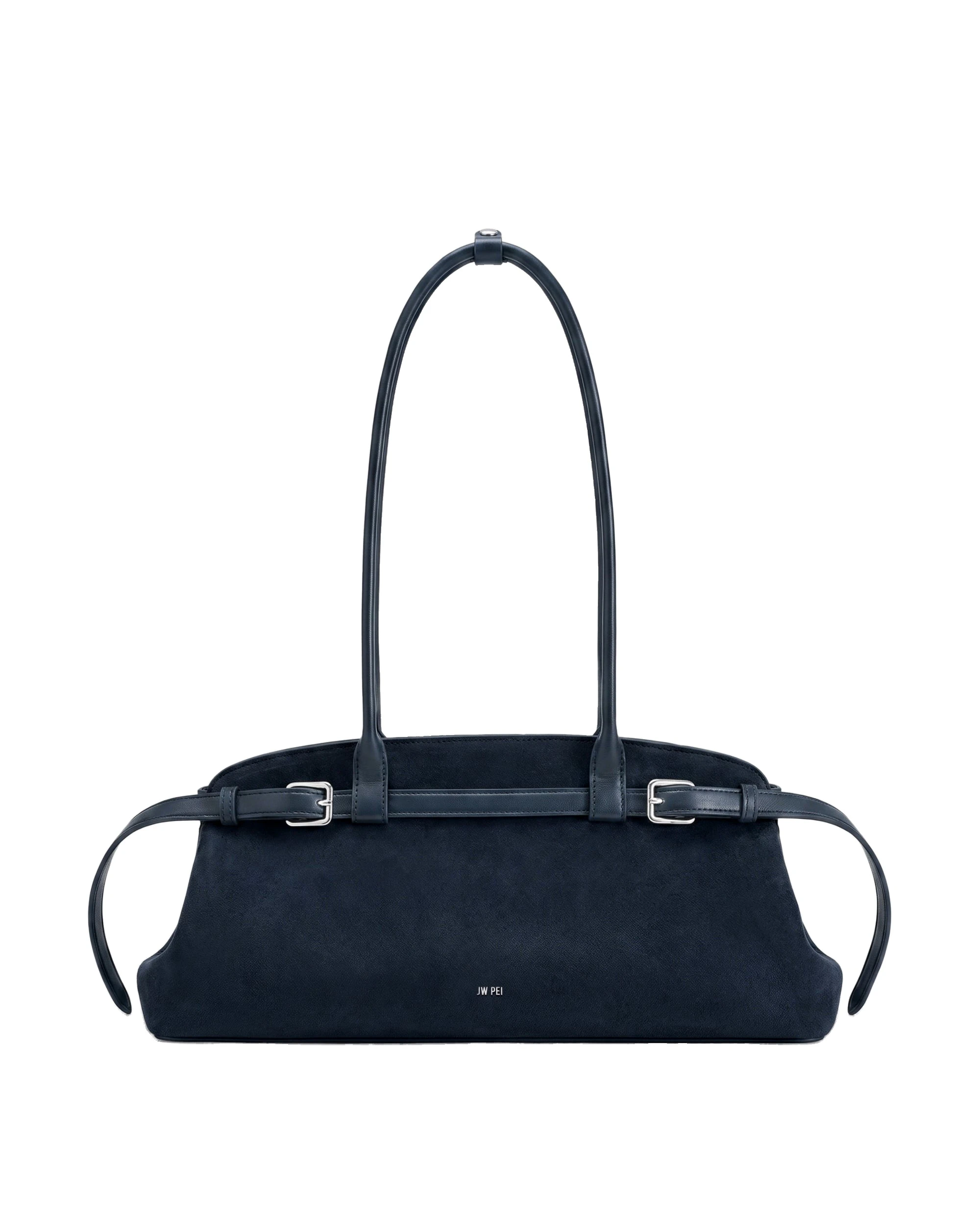 JW PEI Arden Faux Suede Belt Detail East-West Shoulder Bag in Navy Blue | Shoulder & Crossbody Bags | Luxury Shoes JW PEI Arden Faux Suede Belt Detail East-West Shoulder Bag in Navy Blue