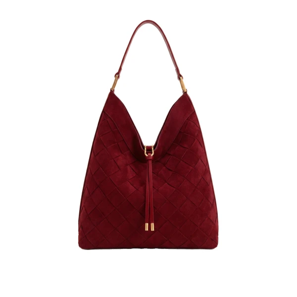 Aria Faux Suede Woven Shoulder Bag in Burgundy