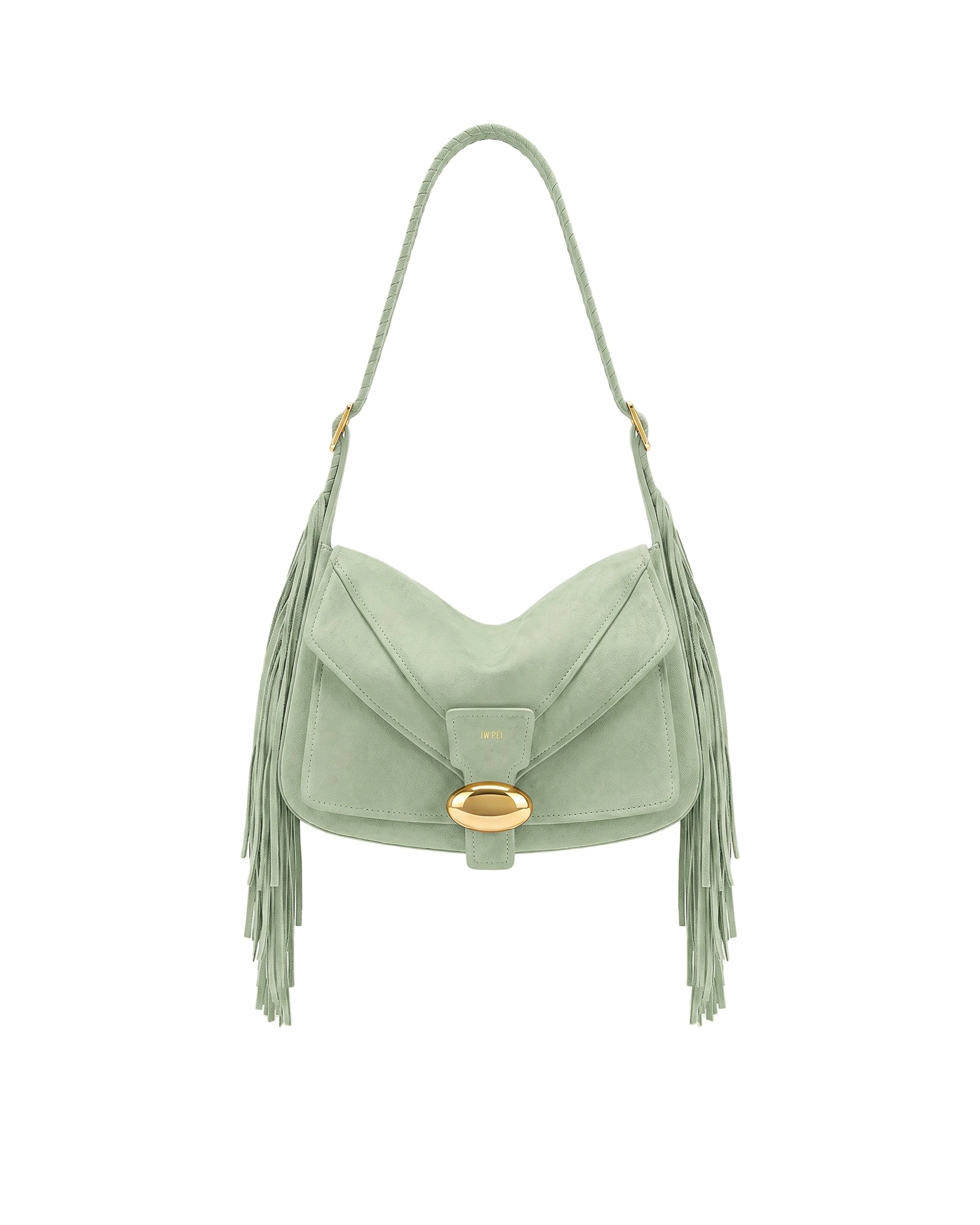 JW PEI Avery Fringe Faux Suede Shoulder Bag in Mint Green | Shoulder & Crossbody Bags | Luxury Shoes JW PEI Avery Fringe Faux Suede Shoulder Bag in Mint Green