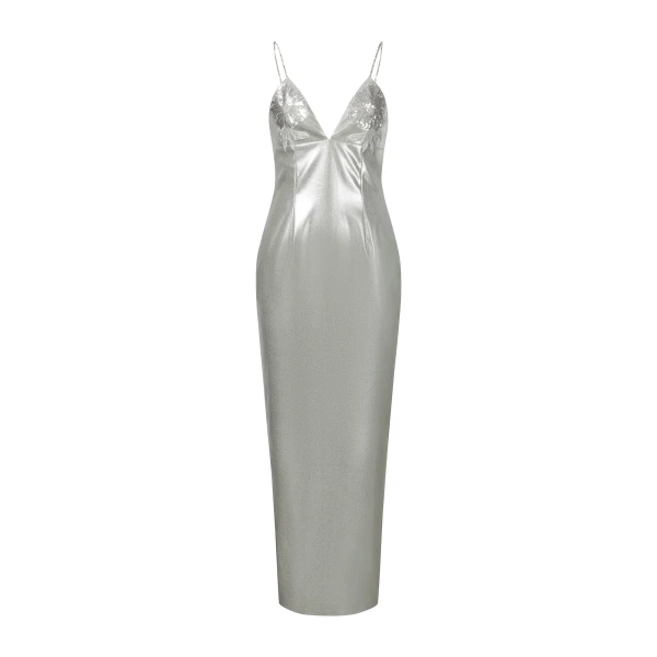 JW PEI Ayliua Sweetheart-Neckline Rhinestones Embellished Silver Long Dress