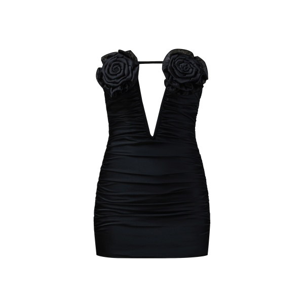 JW PEI Bailee Black Floral Applique And Ruched Tube Mini Dress