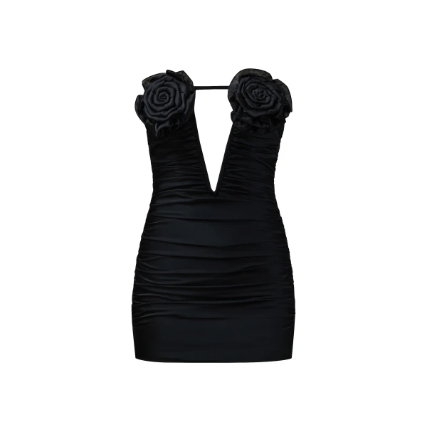 JW PEI Bailee Black Floral Applique And Ruched Tube Mini Dress