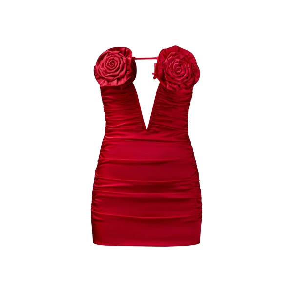 JW PEI Bailee Red Floral Applique And Ruched Tube Mini Dress