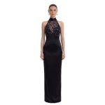 JW PEI Beaded Floral Halter Sheer-Bodice Satin Maxi Dress
