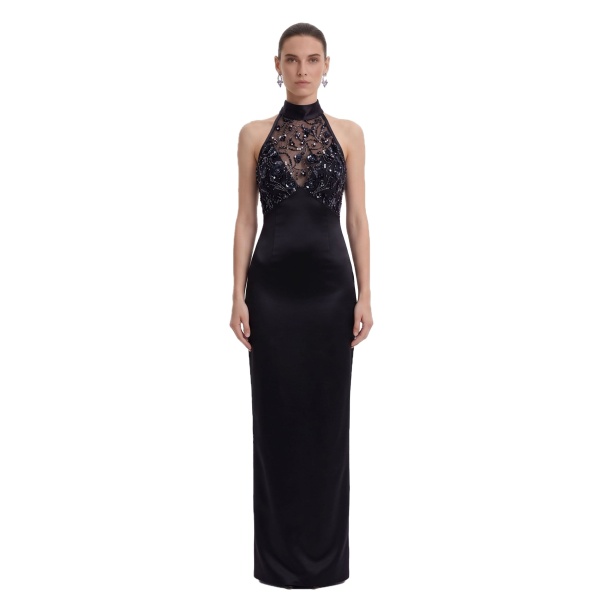 JW PEI Beaded Floral Halter Sheer-Bodice Satin Maxi Dress