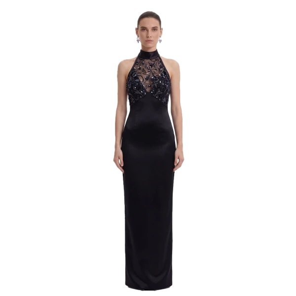 JW PEI Beaded Floral Halter Sheer-Bodice Satin Maxi Dress