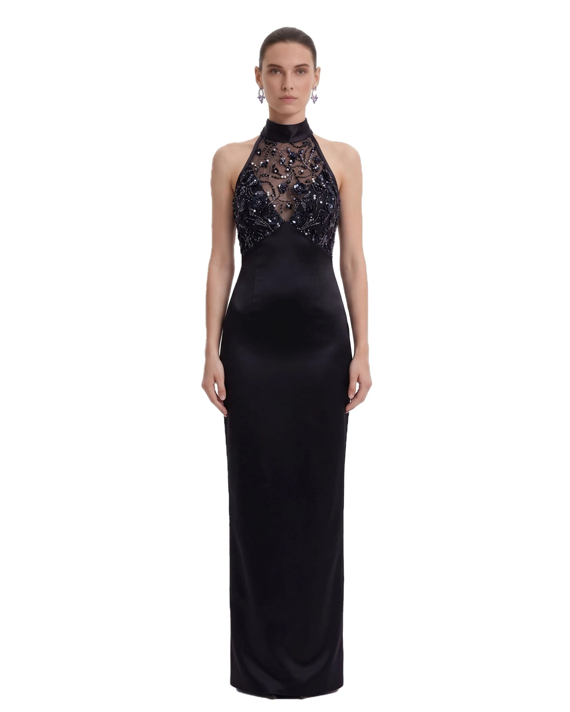 JW PEI maxi dress | Los Angeles Vegan Fashion Dresses | Luxury Shoes JW PEI Beaded Floral Halter Sheer-Bodice Satin Maxi Dress