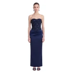 JW PEI Beaded Floral Strapless Draped Satin Maxi Dress